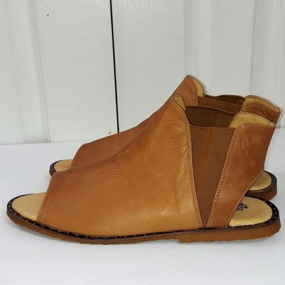 Luxe De Leon LDL Tan Leather Peep Toe Slide On Sandals Sz 9.5